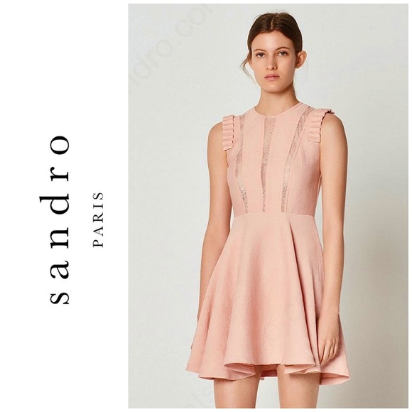 NWOT Sandro Paris Lace Inset Ruffle Dress in Blush FR 36; US 2-4 / Small - Picture 5 of 16